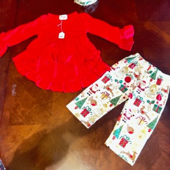 Toddler Girls Christmas Outfit Set With Red Ruffle Top & Festive Print Pants - Picture 2 of 4